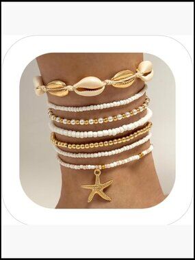 Waterproof Shell Anklet Set Boho Beaded Stretch Starfish Bracelet Beach Foot